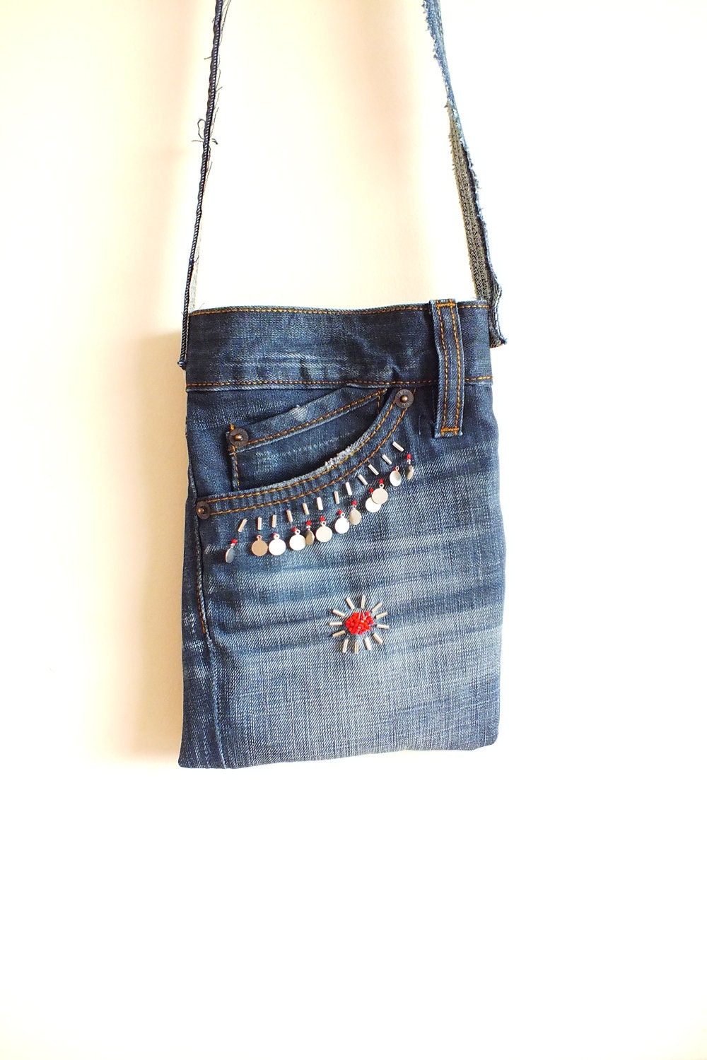 Cross Body Bag with Beads, Recycled Denim Jeans, Small, FREE SHIPPING WORLDWIDE