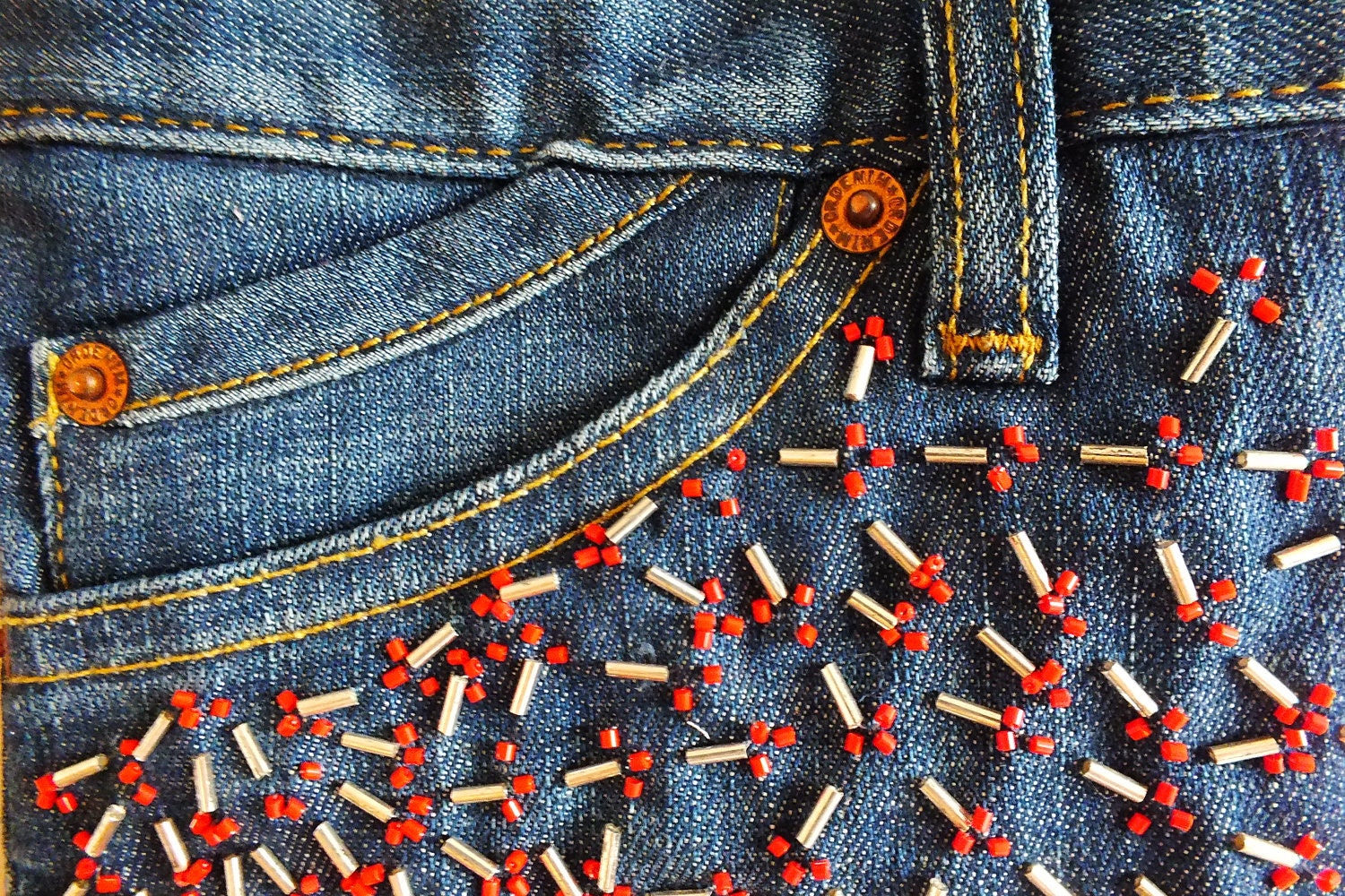 Embroidered Cross Body Bag,with Beads, Recycled Denim Jeans