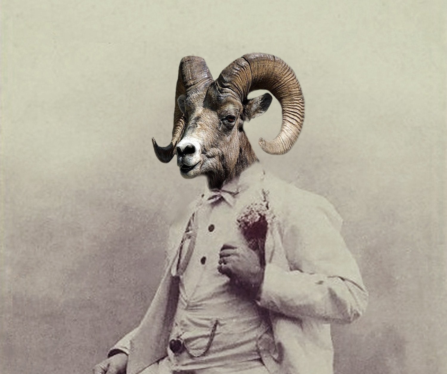 Ramsey - Vintage Ram 5x7 Print - Anthropomorphic - Altered Photo - Whimsical Art - Photo Collage - Funny Animal - Unusual Gift Idea