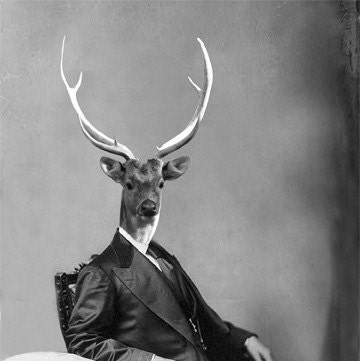 Big Buck - Vintage Deer 5x7 Print - Anthropomorphic - Altered Photo - Photo Collage - Black and White - Whimsical - Unusual Gift Idea