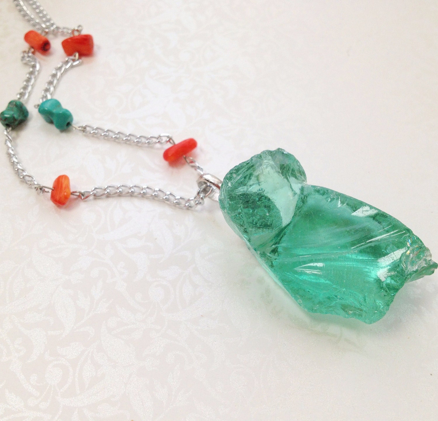 Chiseled Aqua Glass. Coral. Turquoise. Beach. Nautical. Summer. Mint. Green. Orange. Boho. Long Necklace. Statement Jewelry. Silver Chain.