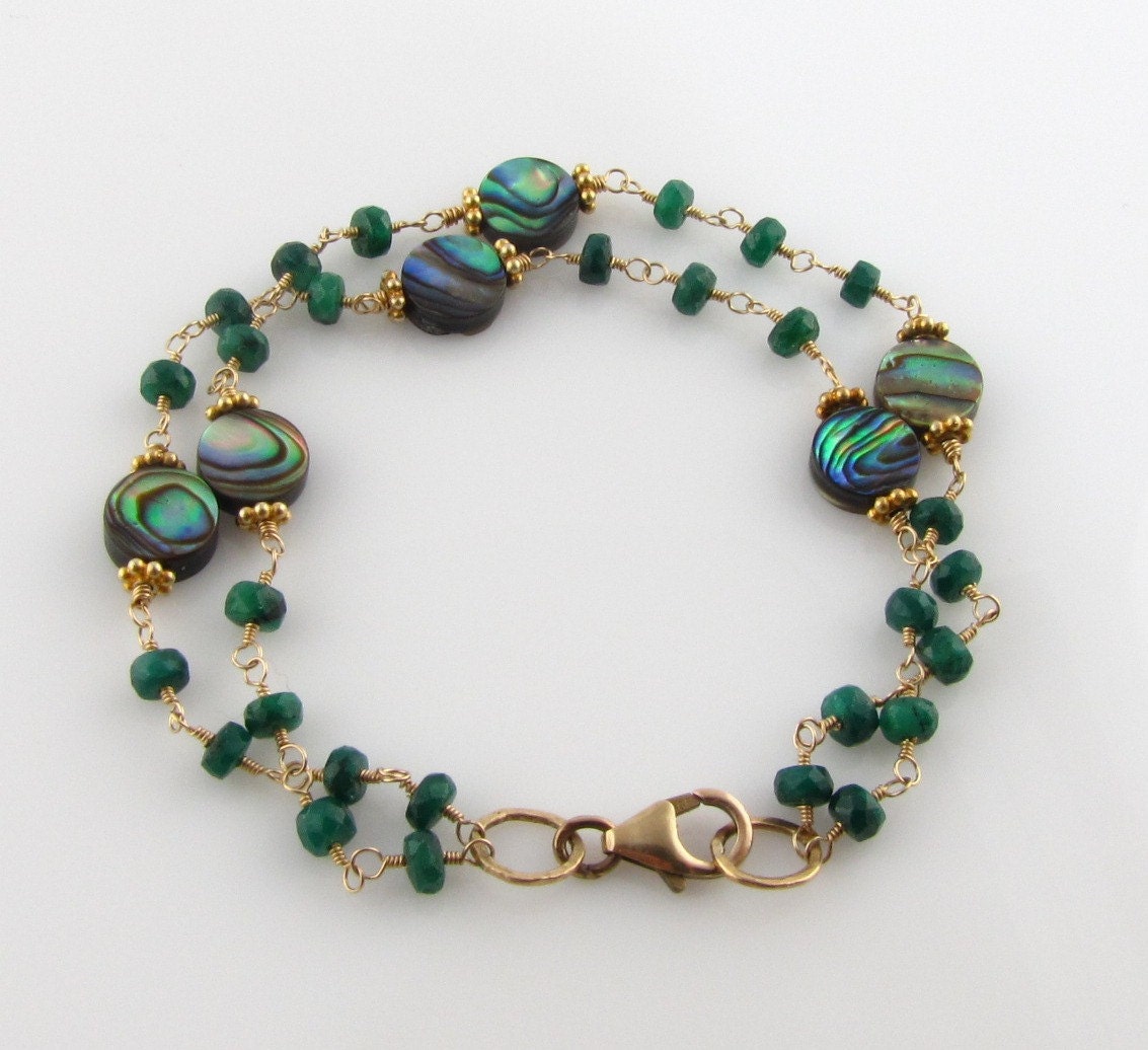 Double Strand Emerald Abalone Gold Wire Wrap Bracelet