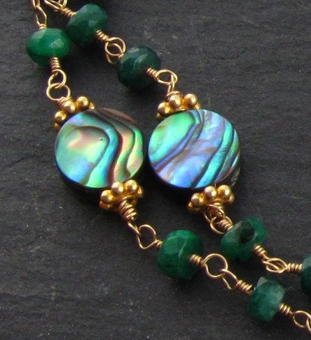 Double Strand Emerald Abalone Gold Wire Wrap Bracelet