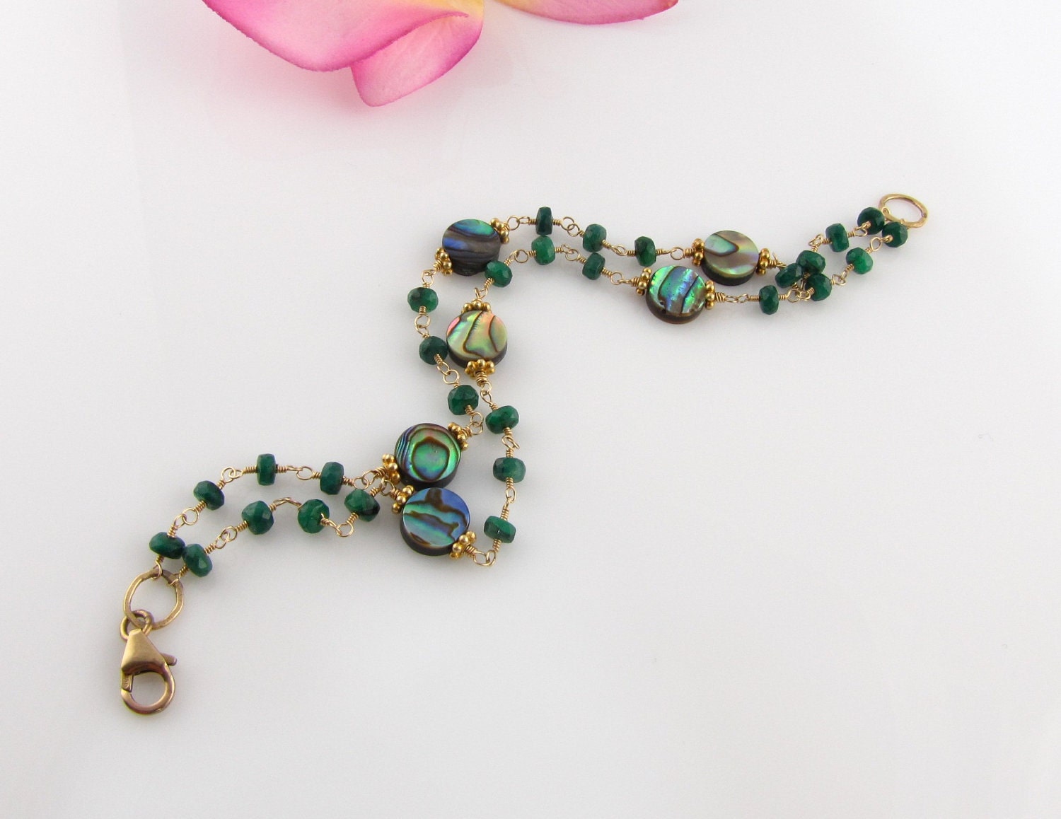 Double Strand Emerald Abalone Gold Wire Wrap Bracelet