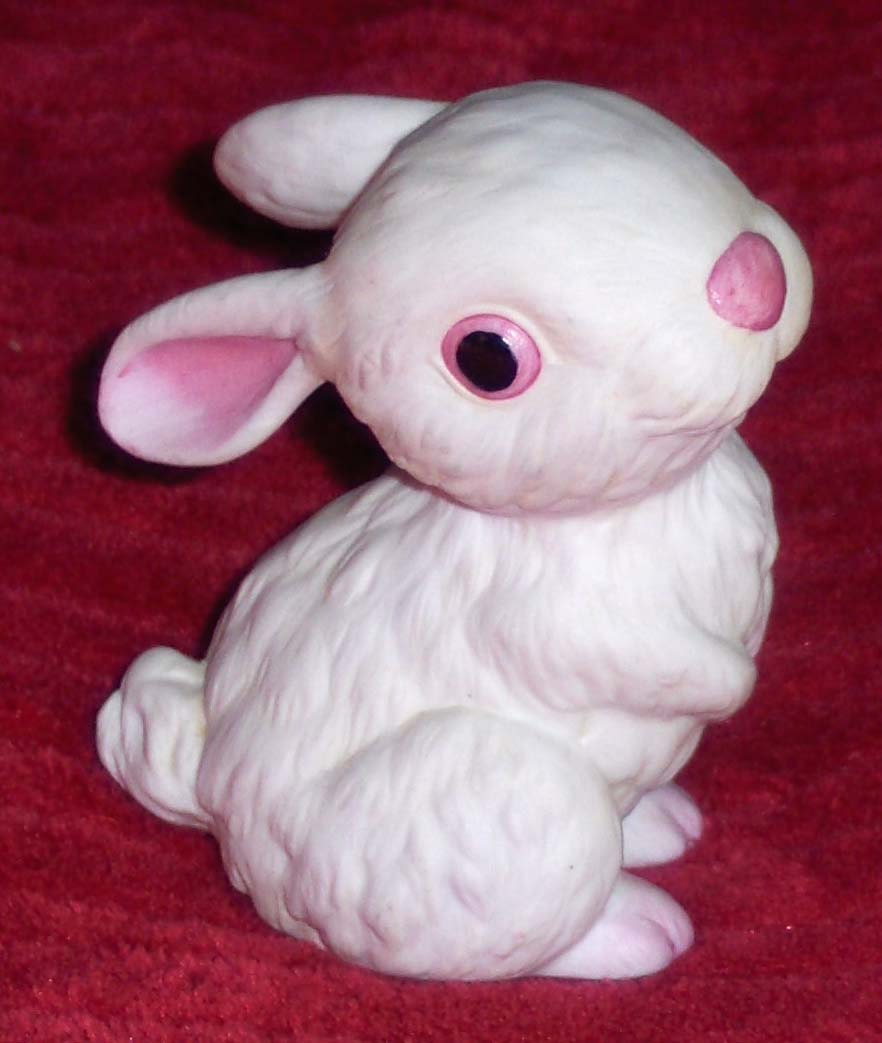 Vintage Bunny Rabbit Figurine Pink Eyes Pink Ears Porcelain Ceramic Andrea by Sadek White Hare