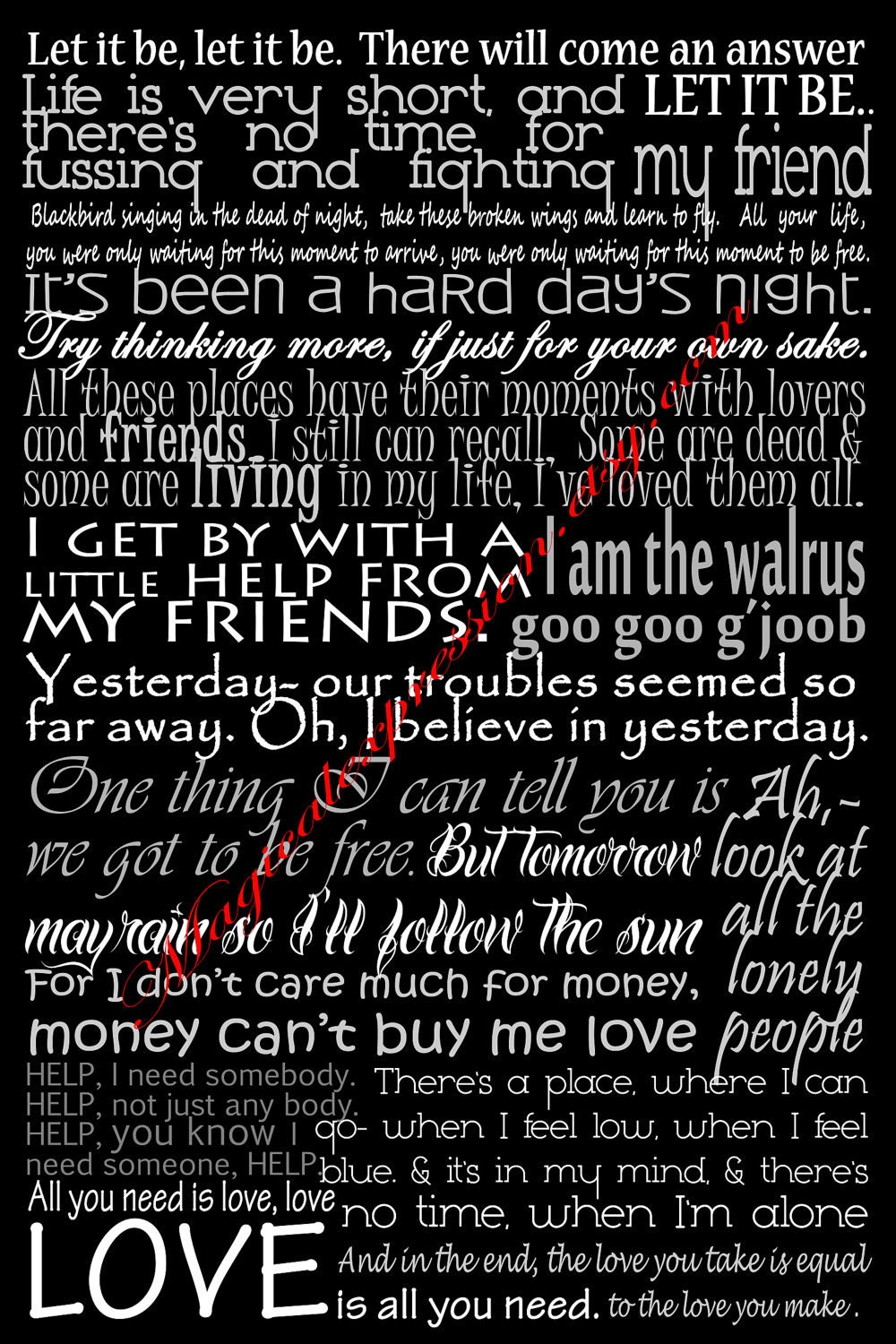 Beatles Typography Song Lyric Art Print Poster 11 by 14