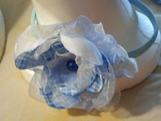 Ribbon Flower Headband / Blue on Blue flower with a pretty blue pearl in center headband