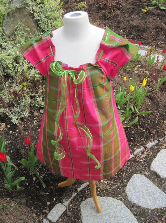Upcycled Clothing Holiday Party Dress Hot Pink and Lime Green Plaid Dupioni Silk Retro 1960s A-Line Mini Dress Ladies Size Large/XL