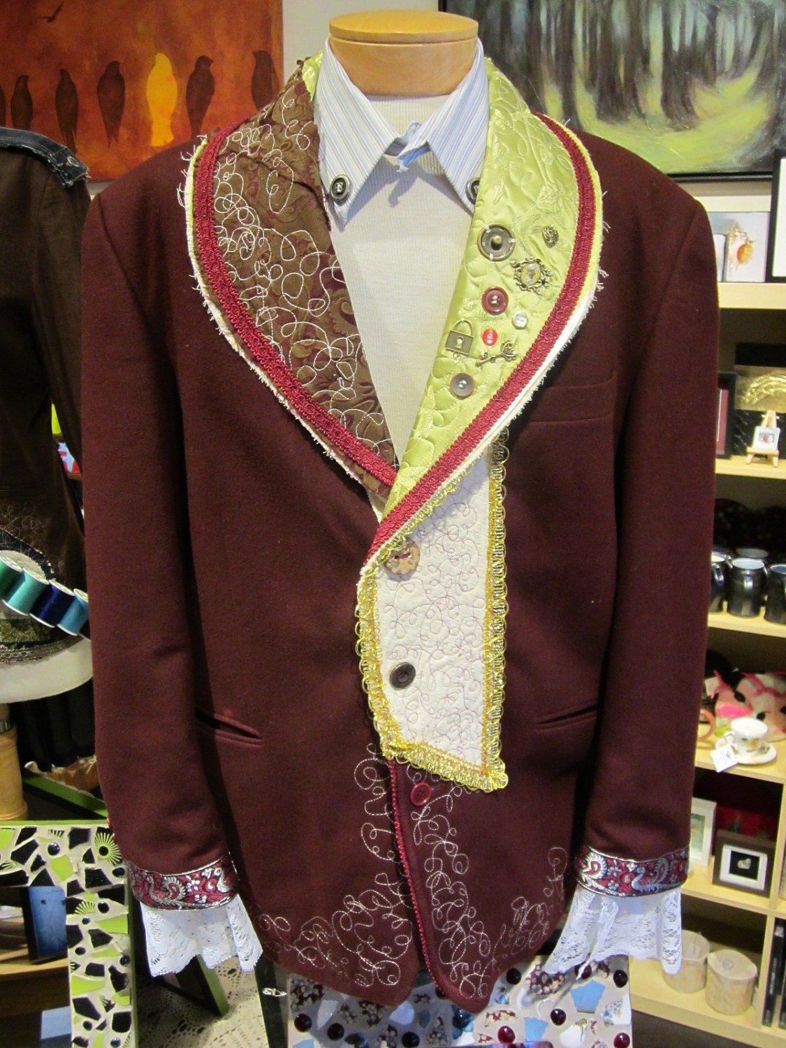 Upcycled Steampunk Clothing - White Rabbit Dinner Jacket - Alice in Wonderland - Repurposed Burgundy Wool Blazer/White Dark Red Scrap Art