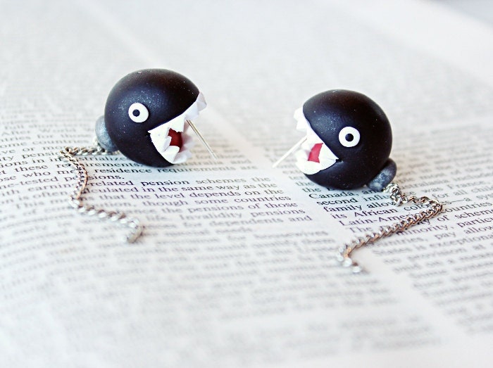 Black Ear Biting Chain Chomps Super Mario Nintendo Earrings