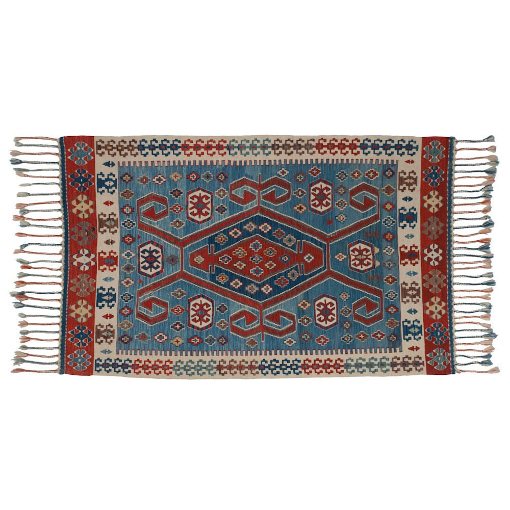 Fine Kilim Rug 3x5 Single Horn Medallion - Blue Red