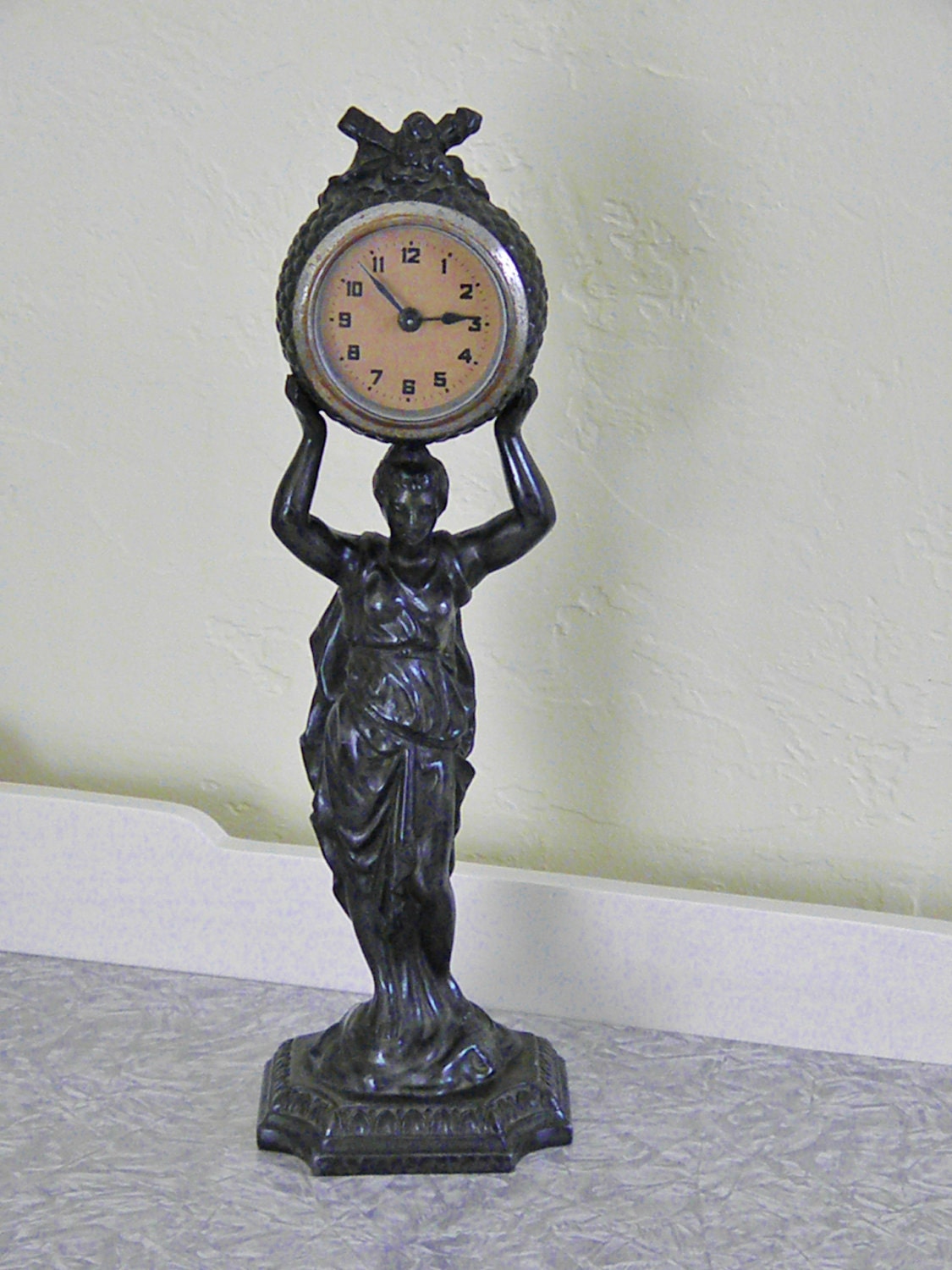 Antique Art Nouveau Lady Mantle Clock, Iron Spelter