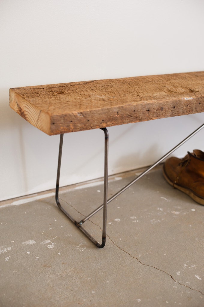 Bench 4' long- Reclaimed Wood and Solid Steel - Salvaged Pine