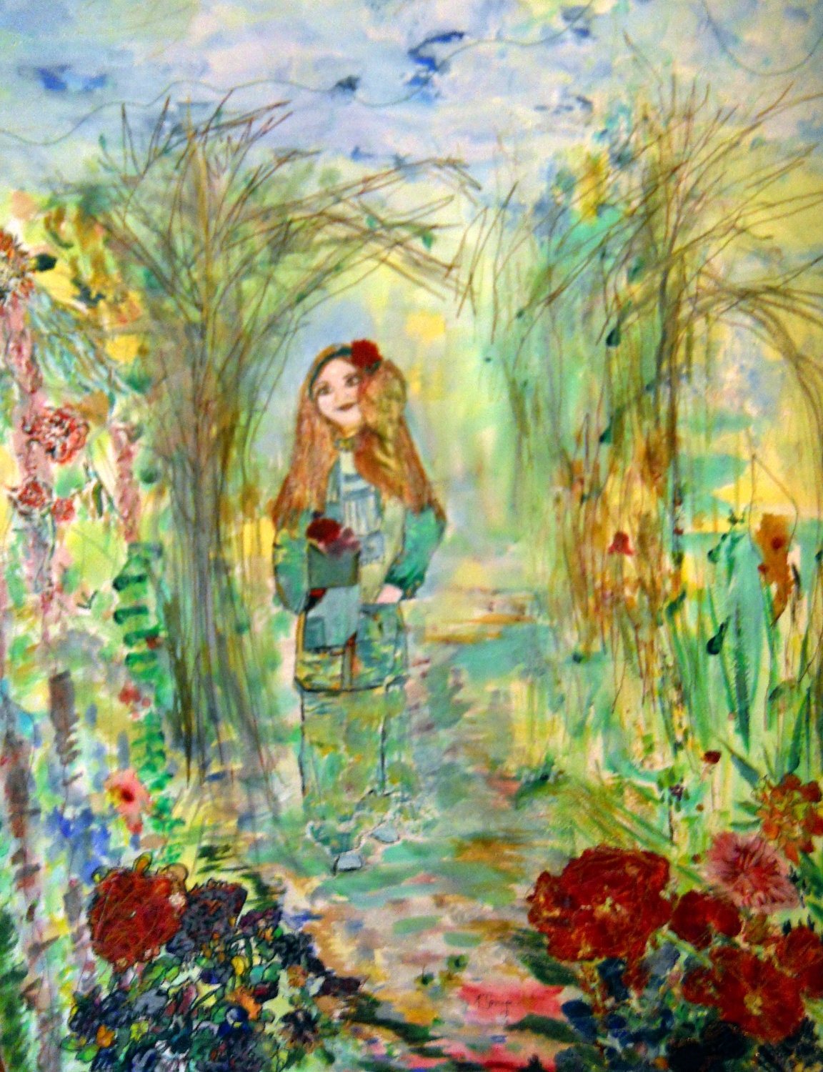 Garden Lady Watercolor Print & Card Set, Professional Red Matt, Foam Core, Ready To Frame