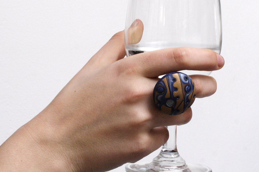 Modern Polymer Clay Ring, Abstract Jewelry, Blue And Gold