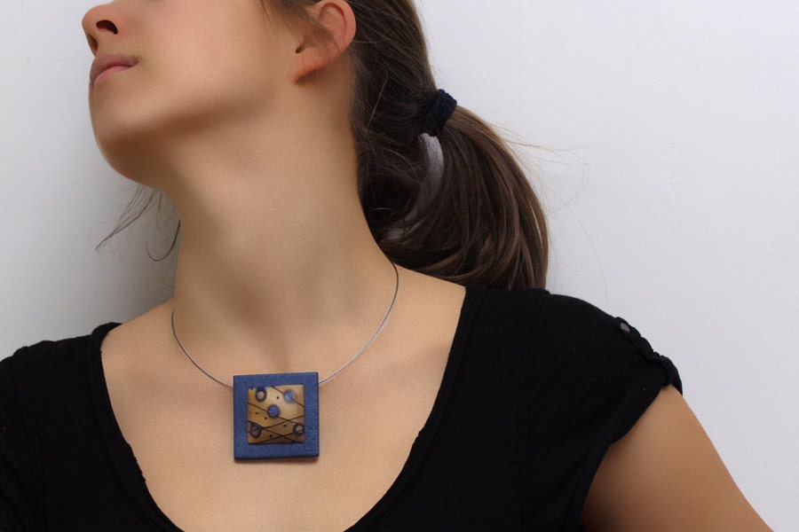 Polymer Clay Pendant In Golden And Blue, Contemporary Jewelry