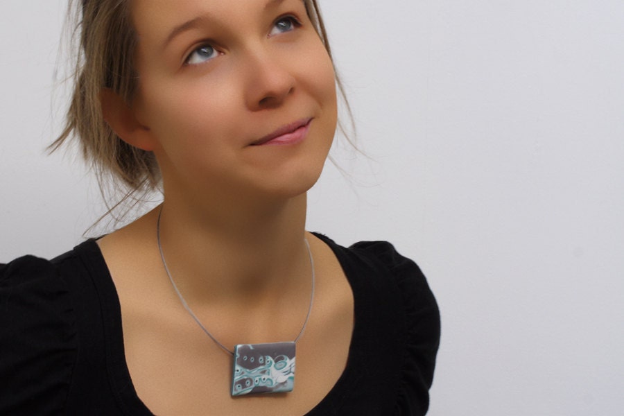 Silver Mint Pendant Necklace, Modern Polymer Clay Pendant