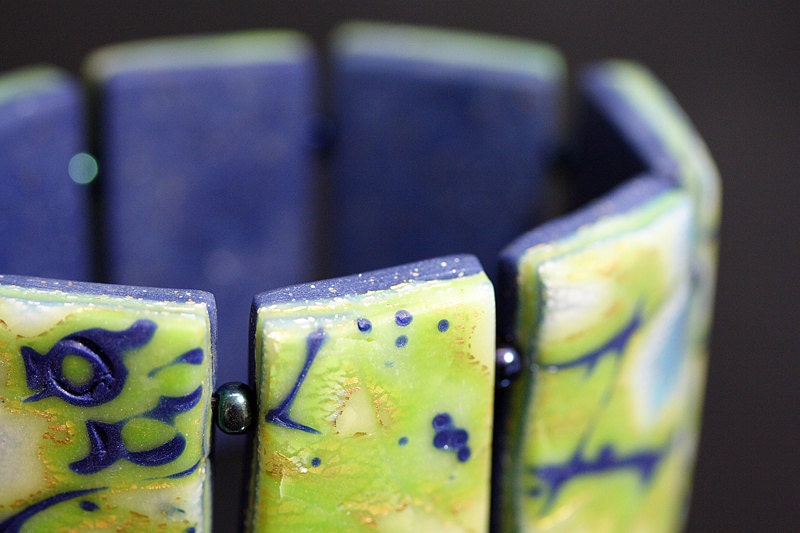 Blue And Green Translucent Mokume Gane Polymer Clay Bracelet