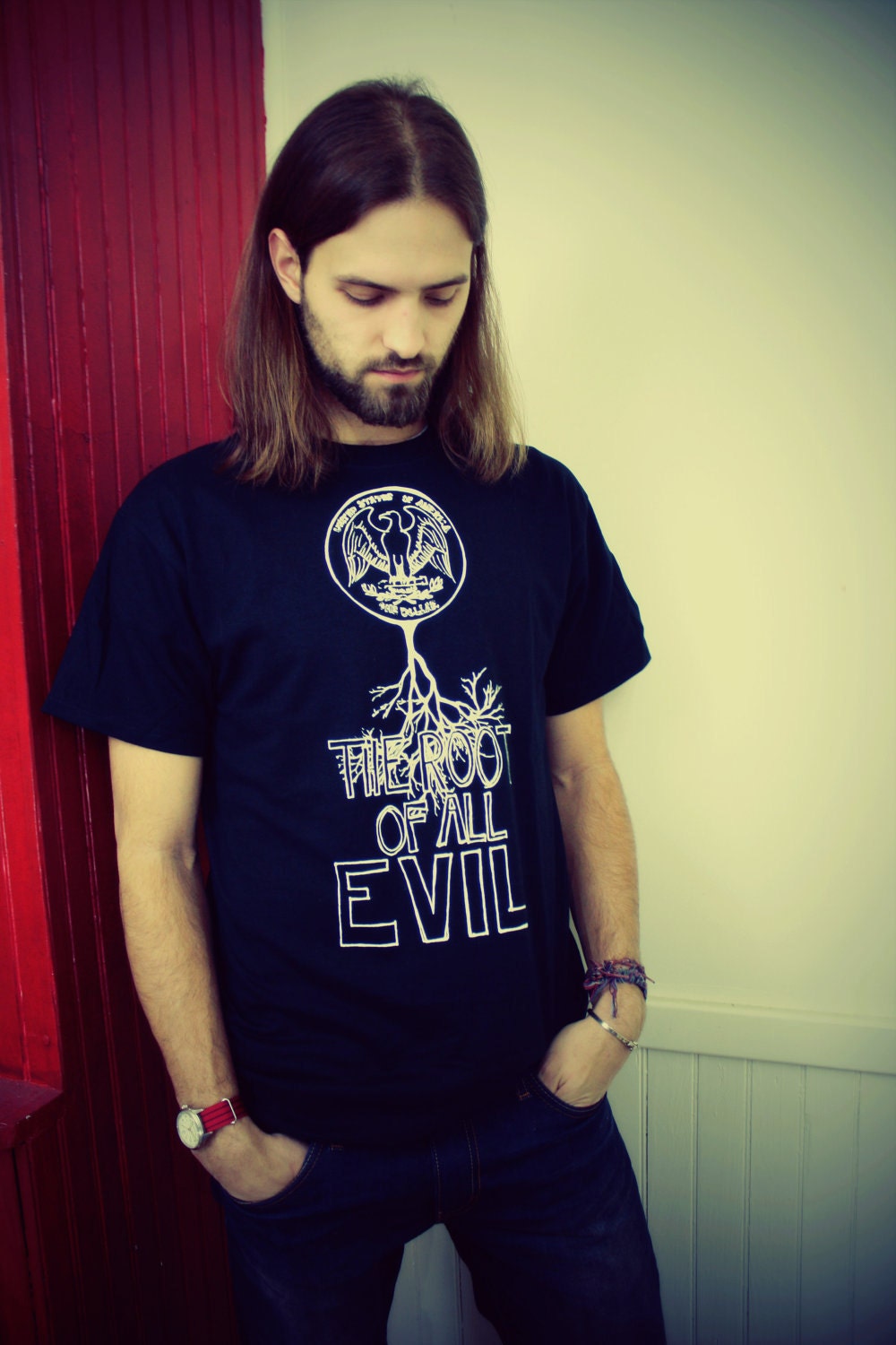 SMALL Handmade Tree T Shirt, Root of All Evil, Black, Mens, t-shirt, Eco-Friendly, Up-cycled, Recycled, Original Artwork