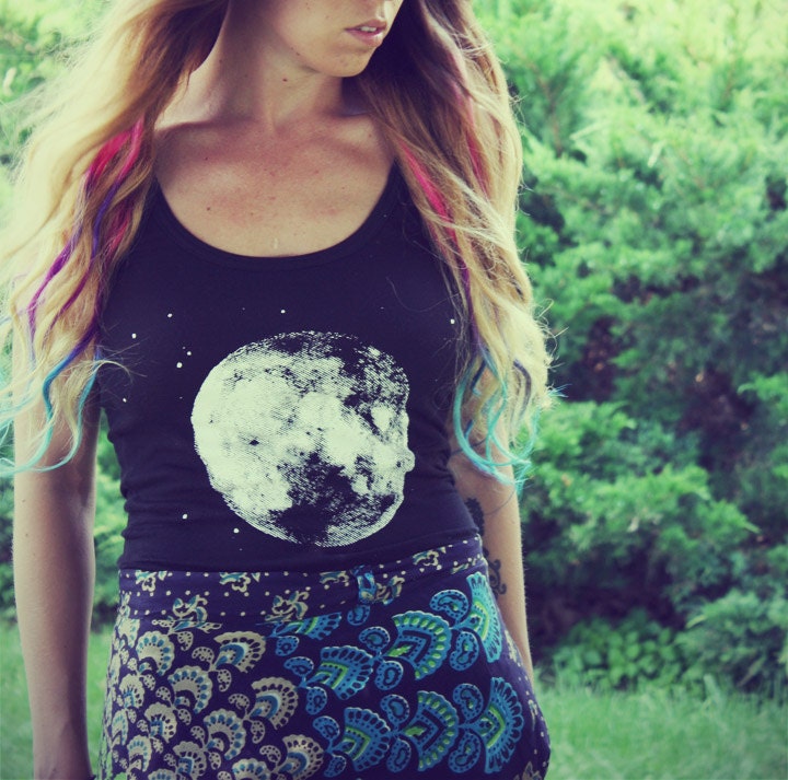 Handmade Full Moon Tank Top, Screenprint, Hippie, Women, Original Artwork, Zodiac, Stars, Moon, Hippie, Bohemian, Celestial
