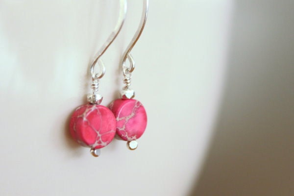 Pink Earrings - Neon Dangle, Jasper Rose Earrings, Sterling Silver, Spring, Disc Drop Earrings, Modern, Preppy, Gift for Her Under 25