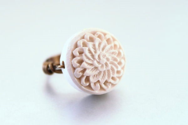 Handmade Flower Ring - Wire Wrapped Ring, Large Floral Ring, Bold, Carved, White, Handmade Ring, Summer Spring Fashion, Size 6, Gift for Her