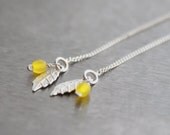 Silver Leaf Thread Earrings - Sterling Silver Earrings, Woodland, Leaf Dangle, Spring Summer Trend, Bright Yellow Glass, Under 25