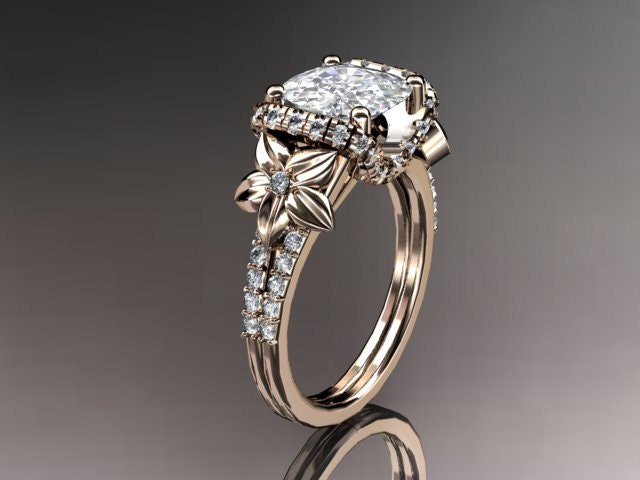 14kt  rose gold diamond floral wedding ring,engagement ring with cushion cut moissanite ADLR148