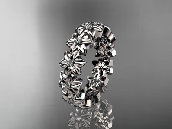 14kt white gold diamond flower wedding ring,engagement ring,wedding band.ADLR57