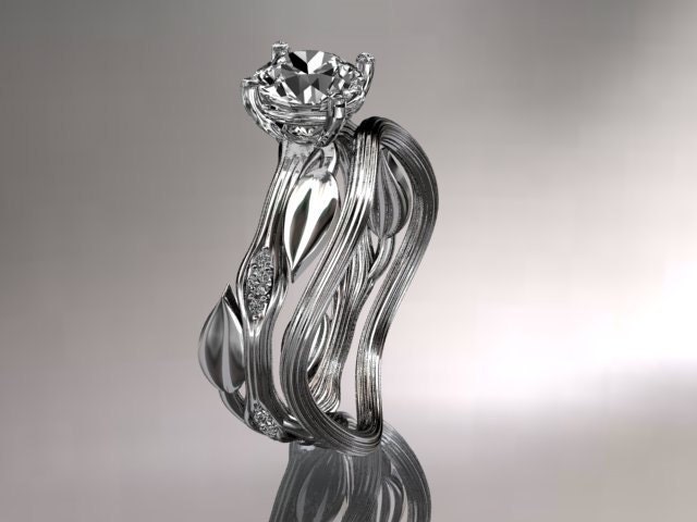 14k white gold diamond leaf and vine wedding ring set,engagement ring set