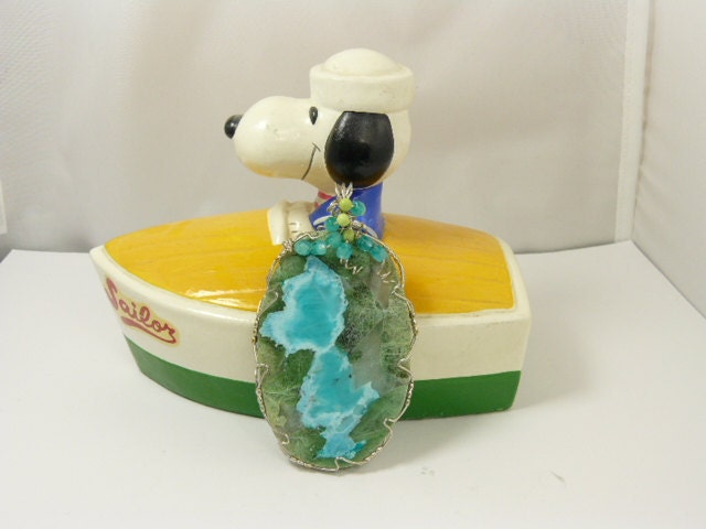 AMAZONITE PENDANT a beautiful cabochon with Diopside crystals and a picture that reminds me of someone from Peanuts
