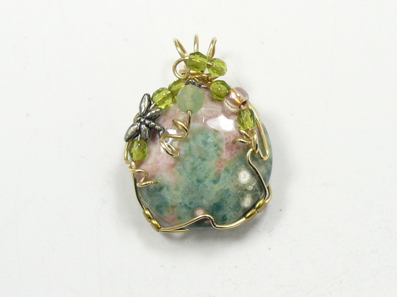 OCEAN JASPER Cabochon Pendant Handmade Designer Jewelry -   Wire Wrapped beauty in 14kgf wire