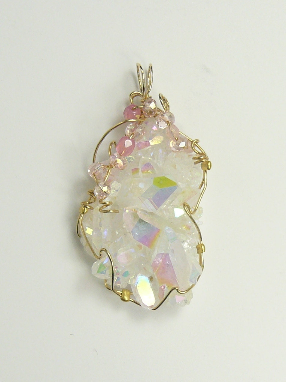 AURORA Opalized Crystal Wire Wrapped Pendant in 14kgf wire - This would look stunning as Crystal Wedding Jewelry