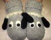 Funny Chunky Crochet Gloves Mittens Animal Puppet Lamb Unisex Boy Girl Teens Women Men Sheep Merino Wool Grey Gray Black Hand Warmer