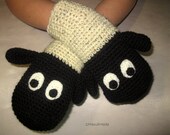 Funny Chunky Crochet Lamb Sheep Mittens Animal Puppet Unisex Boy Girl Teens Women Men Gloves Merino Wool Ivory Black Hand Warmers