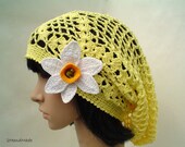 Lace Crochet Tam Dreads Hat Oversized Beret Slouchy Beanie Boho Women Girl Yellow Summer 2012 Cotton Vintage Style jewelry daffodil brooch
