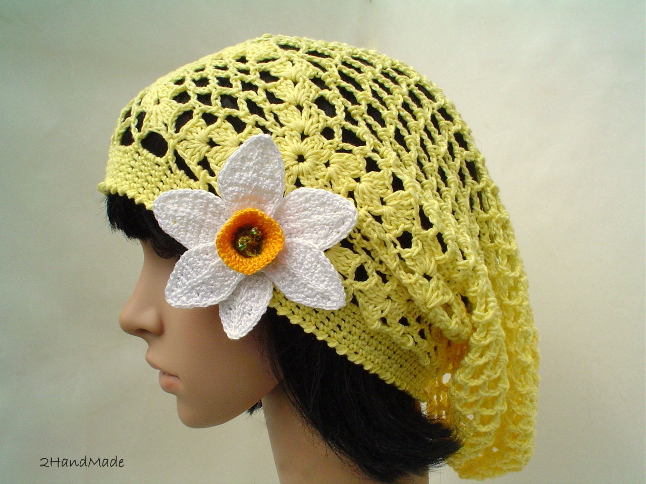Lace Crochet Tam Dreads Hat Oversized Beret Slouchy Beanie Boho Women Girl Yellow Summer 2012 Cotton Vintage Style jewelry daffodil brooch