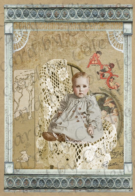 Beautiful Baby With Antique RattleTwo Digital  Collage Baby Greeting Card