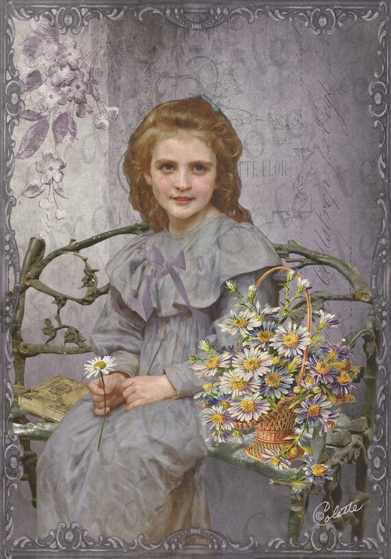 Girl With Flower Basket Digital Collage Greeting Card