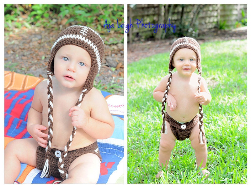 Football Earflap Hat and Diaper Cover for newborns, babies, and infants or photography props, baby shower gift