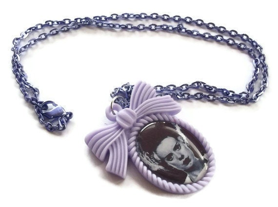 Bride of Frankenstein Necklace, Lilac Cameo, Horror, Silver Chain