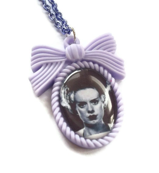 Bride of Frankenstein Necklace, Lilac Cameo, Horror, Silver Chain