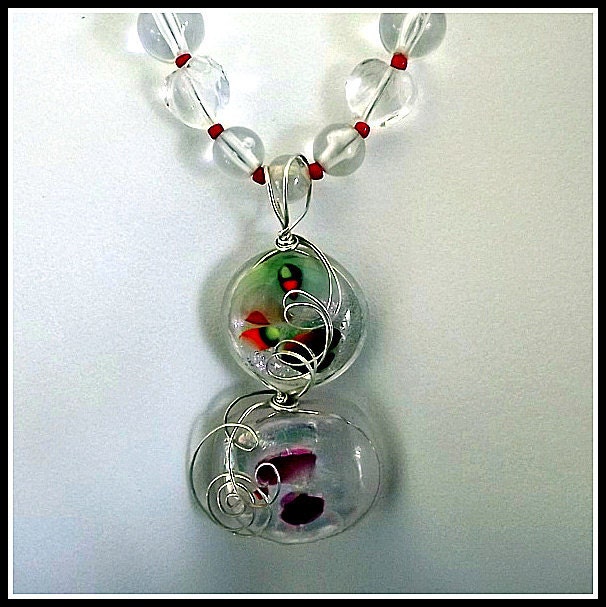 Clear glass bead strand with subtly colored translucent, wire wrapped Dichroic fused glass pendant and FREE ear rings by Stunning Sassy Gems