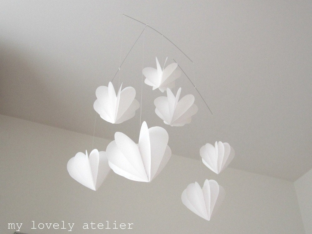 Pure Love Mobile, white paper hearts, baby shower gift, customizable
