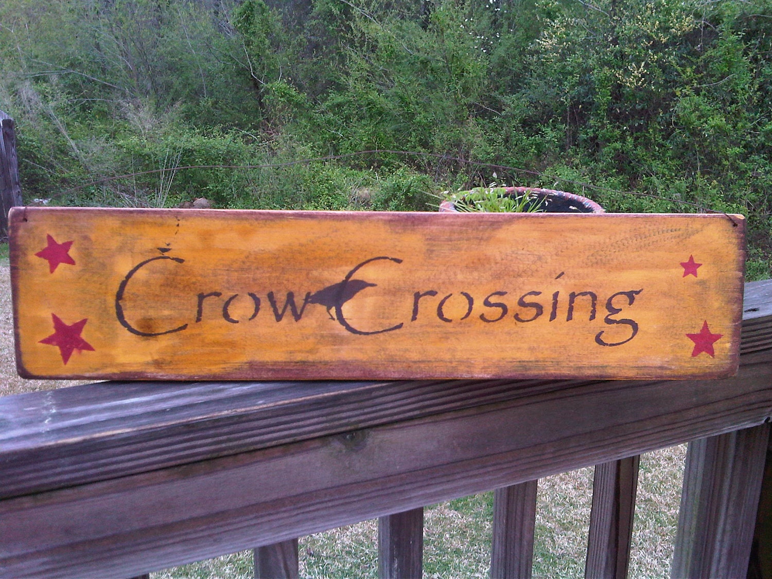 Crow Crossing Primitive Mustard Black and Red Stars Folk Art Sign