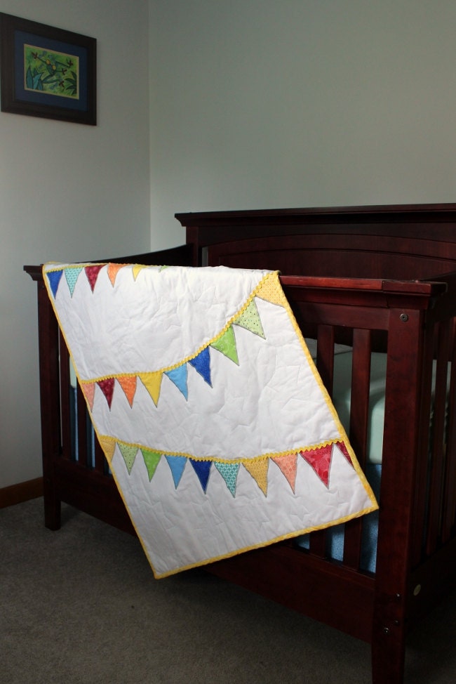 Bunting Quilt Baby Girl or Baby Boy Bright Red Orange Yellow Green Blue Aqua