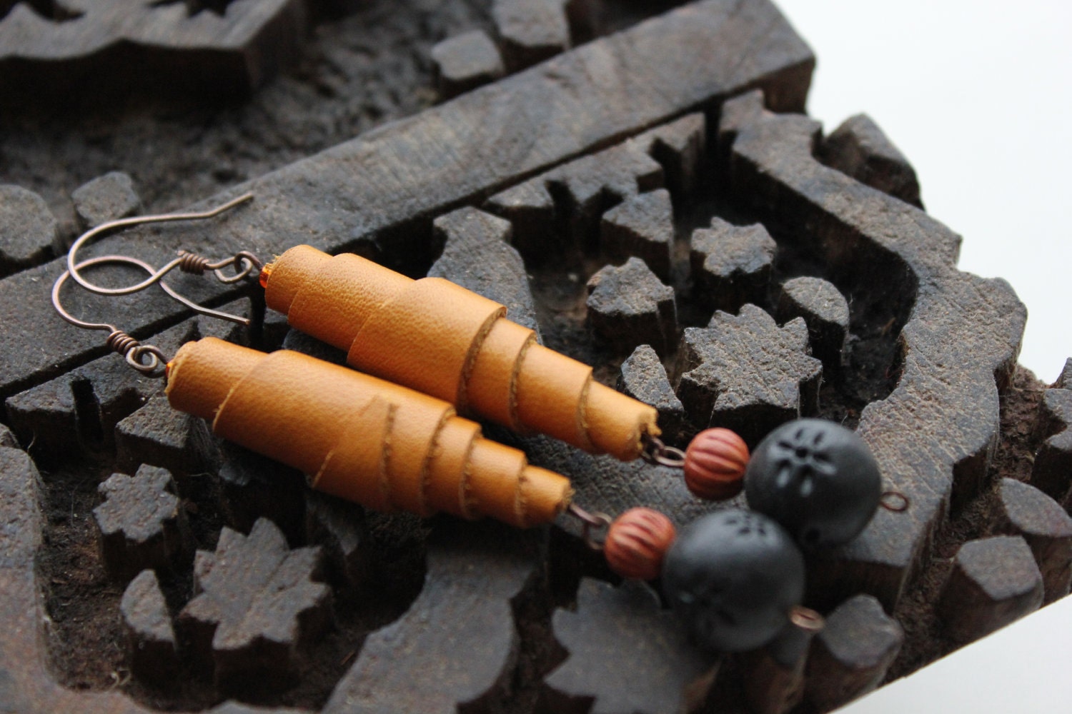 Genuine leather and wood beads dangle earrings