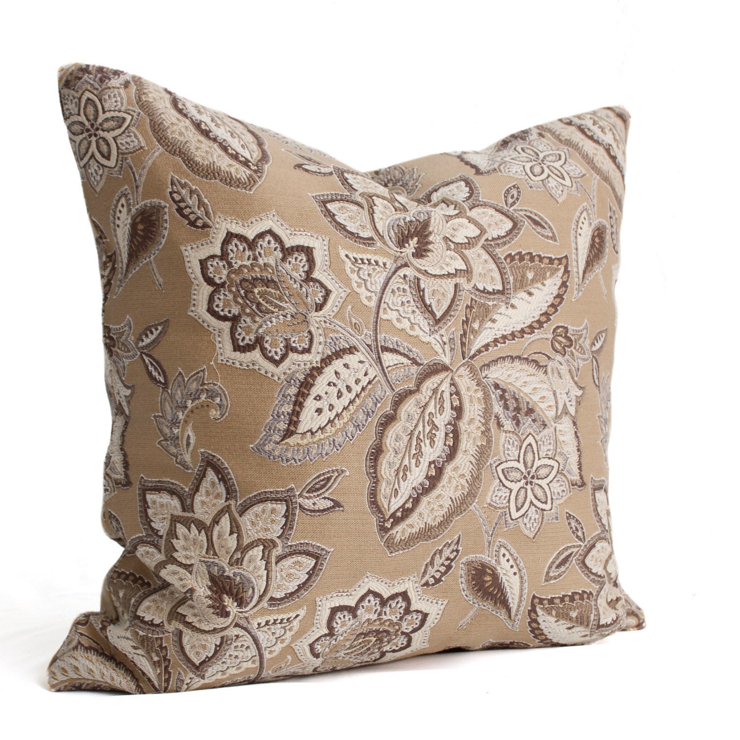 Elaborate Embroidered Decorative Pillow Cover - 20 inch brown silver white and beige floral pillow