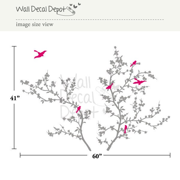 Vinyl Tree Wall Decal Wall Sticker Art - Chinoiserie - Flowering Branch with exotic birds - 18