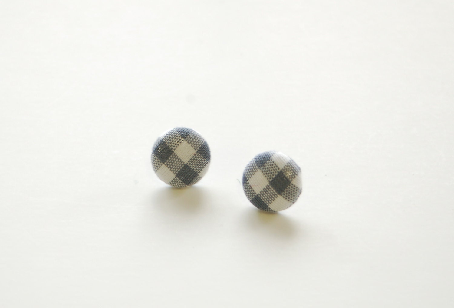 Vintage Gray Gingham Fabric Button Earrings on surgical steel posts - weestitchery